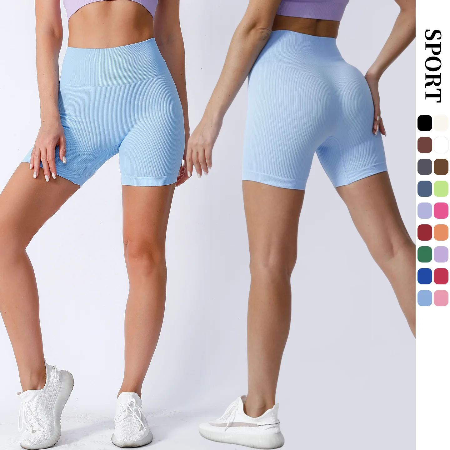Women Seamless Ribbed Yoga Shorts, High Waist Butt Lifting High Elastic Bodycon 3 Inch Workout Sports Shorts