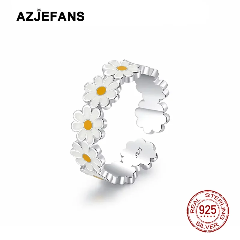 AZJEFANS 925 Sterling Silver Daisy Flower Rings For Women Sweet Cute Finger Ring Proposal Wedding Fine Jewelry Gift