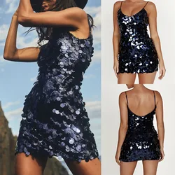 Women Strap Sleeveless High Waist Sequined Mini Dress Sexy Bodycon O Neck Party Club Dress