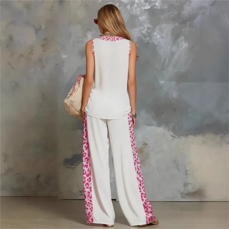 2026 new casual loose fitting sleeveless V-neck leopard print splicing fashion and comfortable temperament unique long pants set