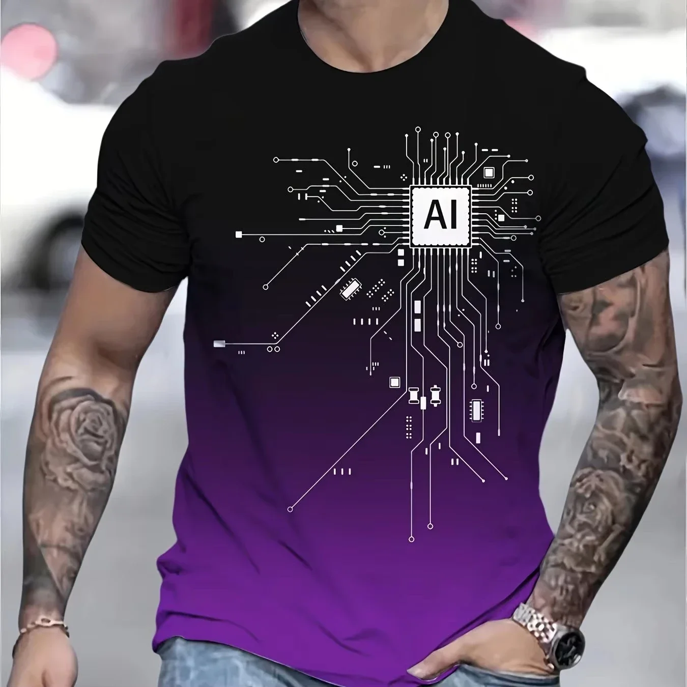 Men's Summer T-Shirt Circuit Board Cpu Graphic T-Shirt Vibrant Geometric Design Tech Enthusiast Short Sleeves Clothes for Men