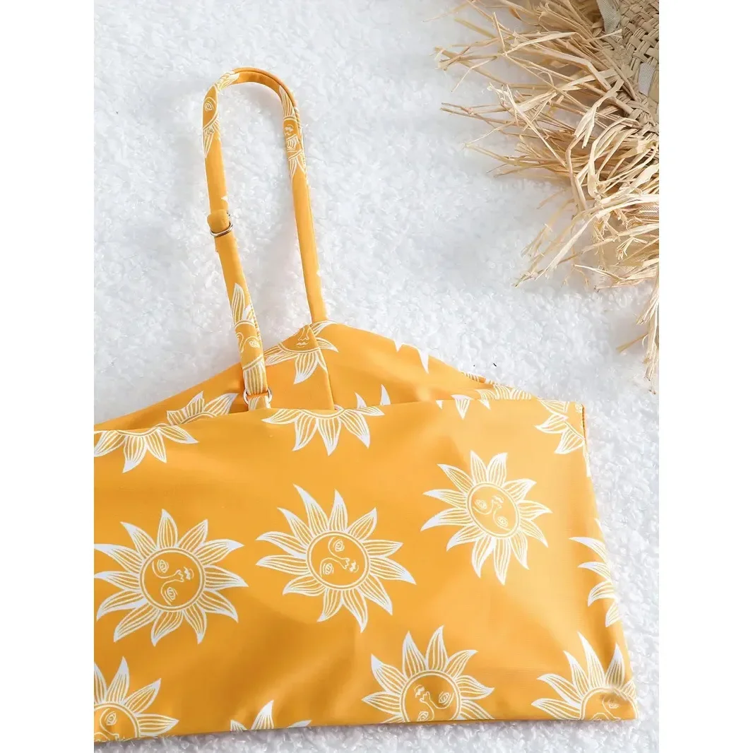 Sexy solide jaune Bikini 2024 Mujer coupe haute fleur maillot de bain pour femme plage séparée maillot de bain taille haute maillots de bain Biquini nouveau