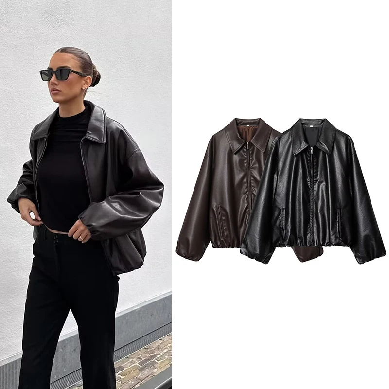 

Women's Faux Leather Pilot Bomber Jackets Coats Autumn NEW Long Sleeve Coats Casual Female Outerwear Chic Tops