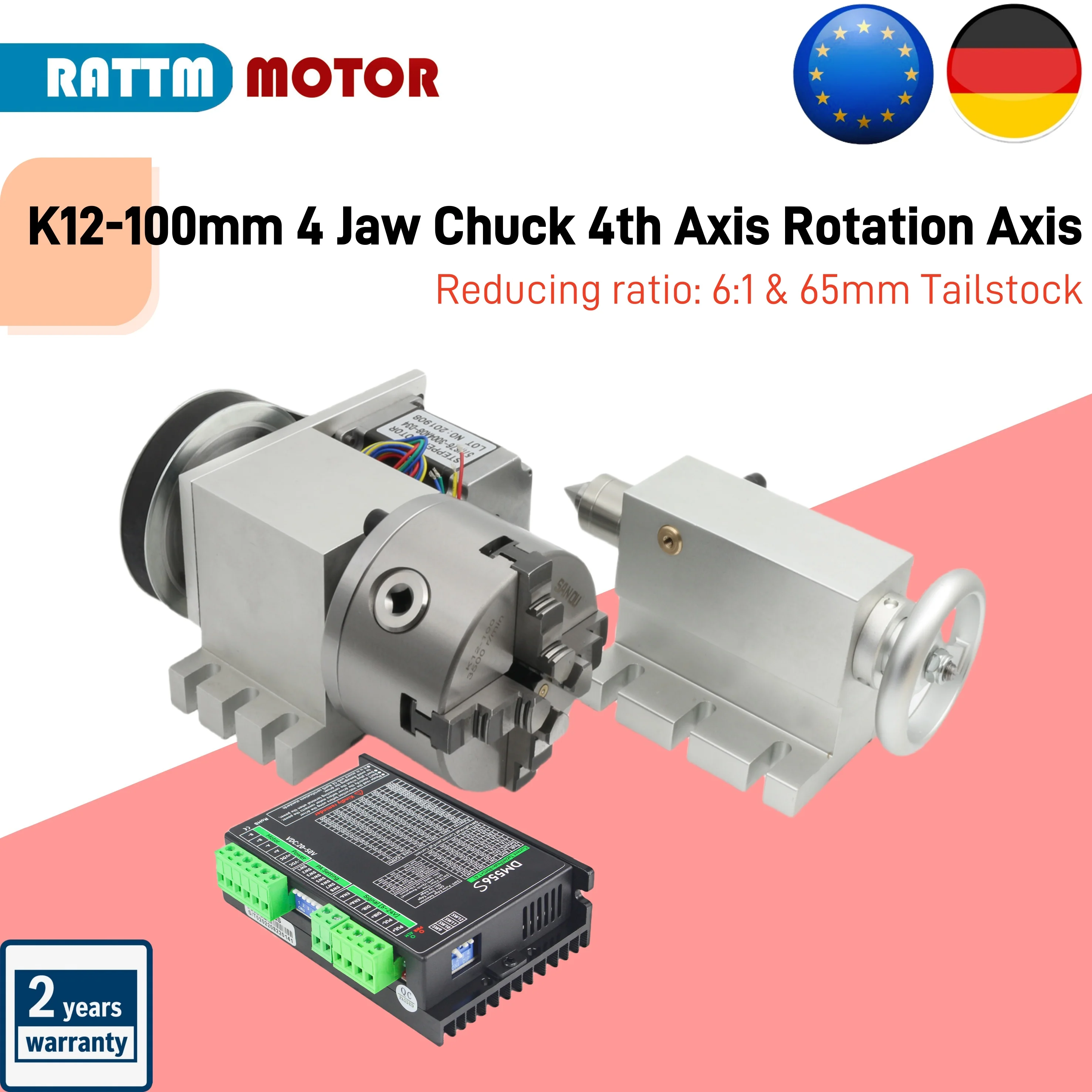 【Disponibilità UE】K12-100mm Mandrino a 4 griffe Rapporto di riduzione del 4° asse: 6:1+Asse di rotazione della testa divisoria contropunta con 57 driver del motore passo-passo