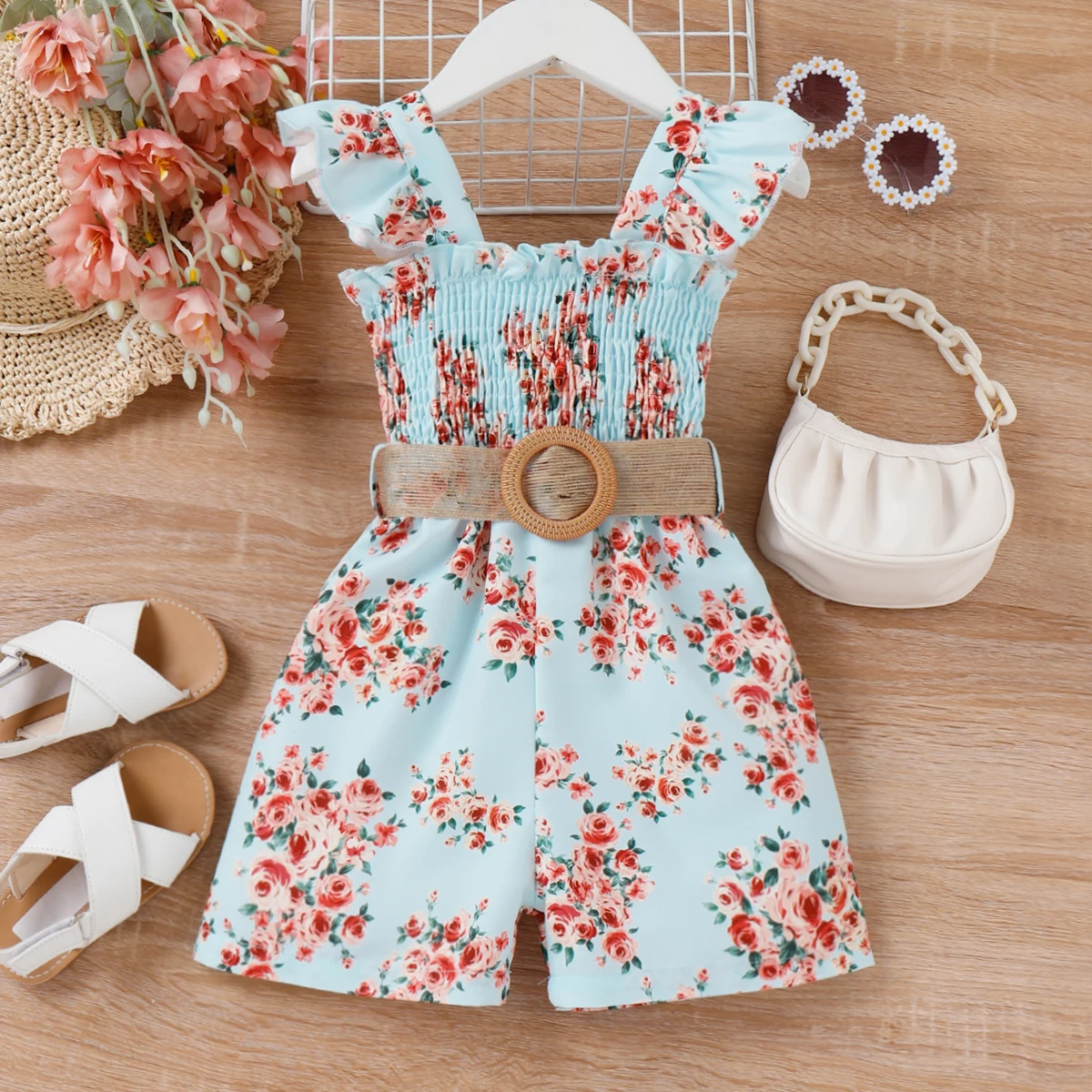 PatPat 2pcs Toddler Girl Sweet Floral Print Smocked Sleeveless Rompers and Belt