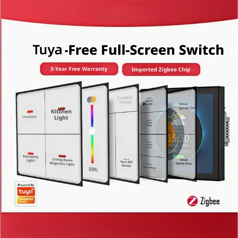 

Tuya Smart Zigbee Multi Functional 4-Inch Touch Screen Scene Switch Dimming Switch Custom Text Multi Language Free Switching