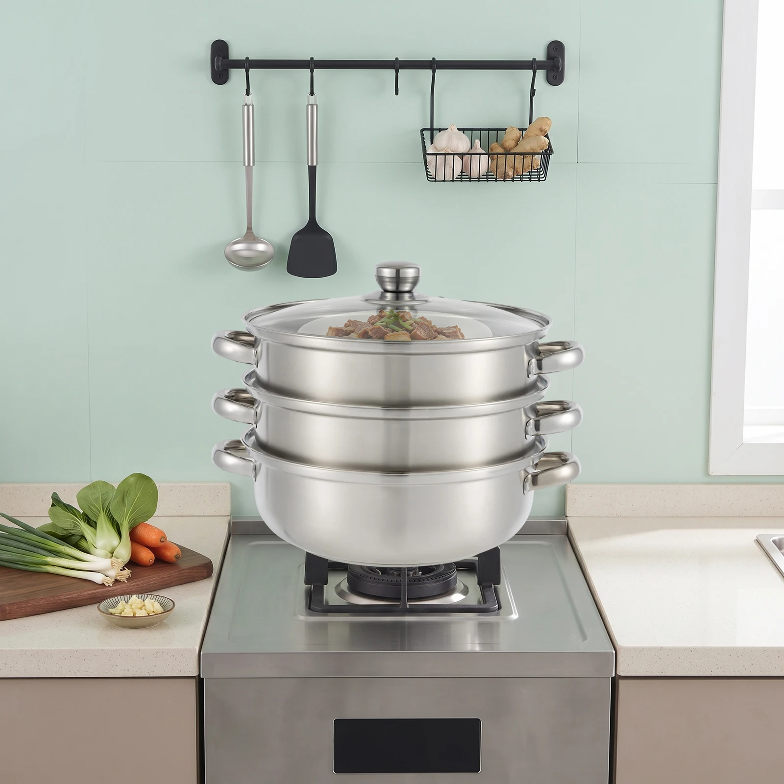 Three-tier Stainless Steel Steamer Three-layer Steamer Multi-Purpose Steam & Cook Pot Stackable Design Transparent Visual Lid Dishwasher Safe Household Steamer For Vegetables Seafood Dumplings