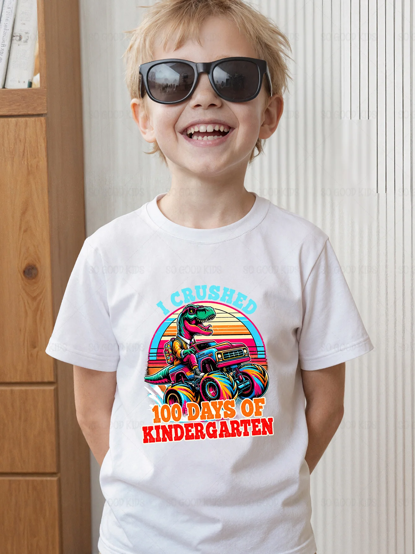 Dinosaur Monster Truck 100 Days Kindergarten Retro Print Kids T Shirt Boys Girls Family Matching Summer Crew Neck Casual Tee
