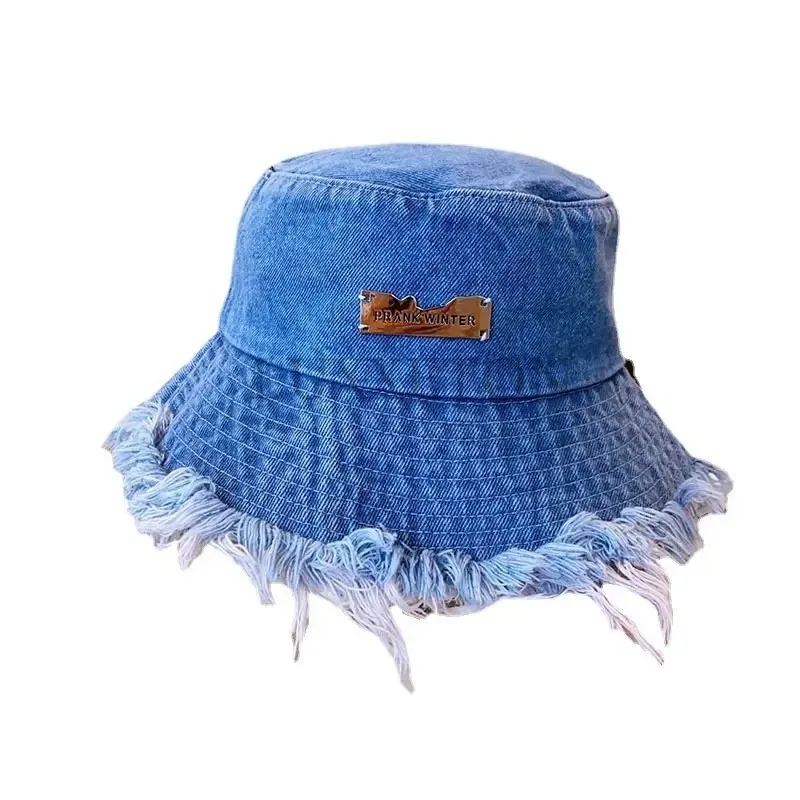 Summer Unisex Tassel Washed Denim Bucket Hats Fashion for Women Wide Brim Foldable Panama Cap Outdoor Beach Fisherman\'s Hat