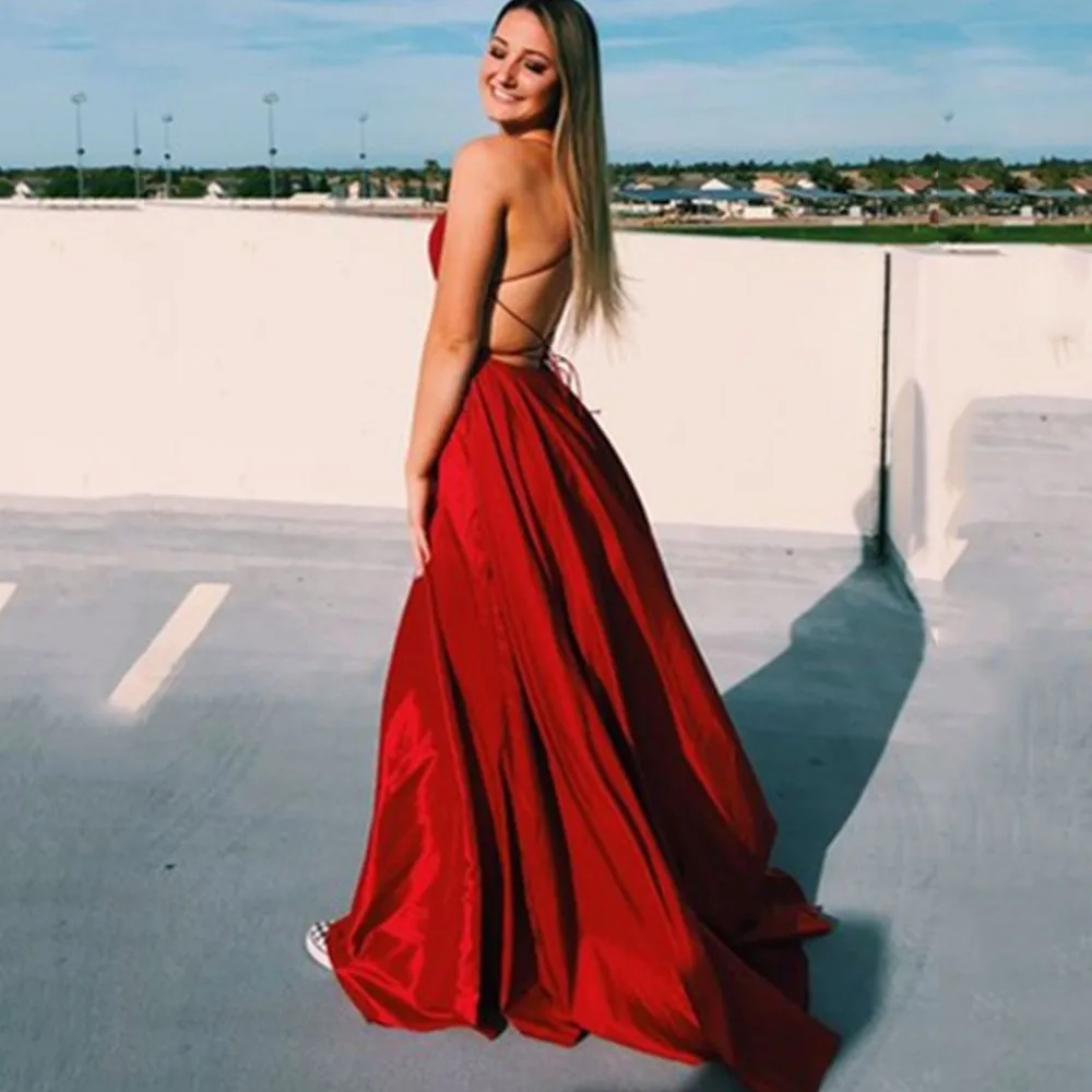 Elegant Burgundy Prom Maxi Dresses For Women 2024 Sexy Backless Side Slit Halter Satin Evening Party Gowns Vestidos De Gala