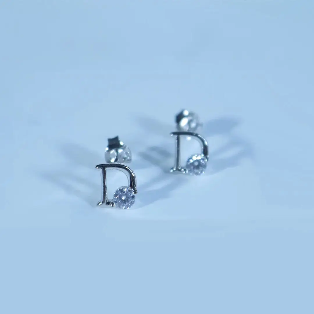 D Letter Earrings 925 Sterling Silver Stud Earring White Zircon Earrings For Elegant Woman