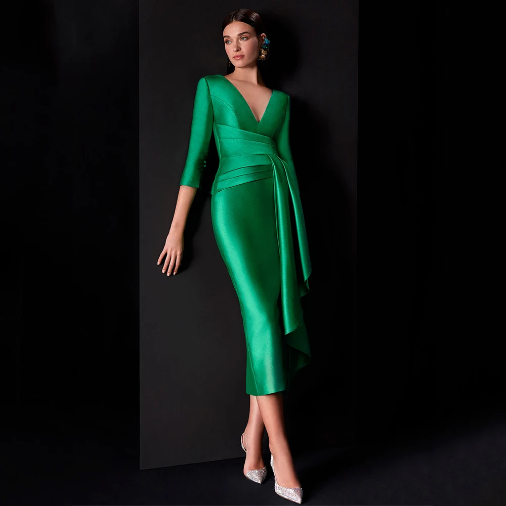 Green Wedding Guest Dresses Column V Neck 3/4 Sleeves Midi Mother of the Bride Dress Tea Length Ruffle Satin Formal Party Gowns