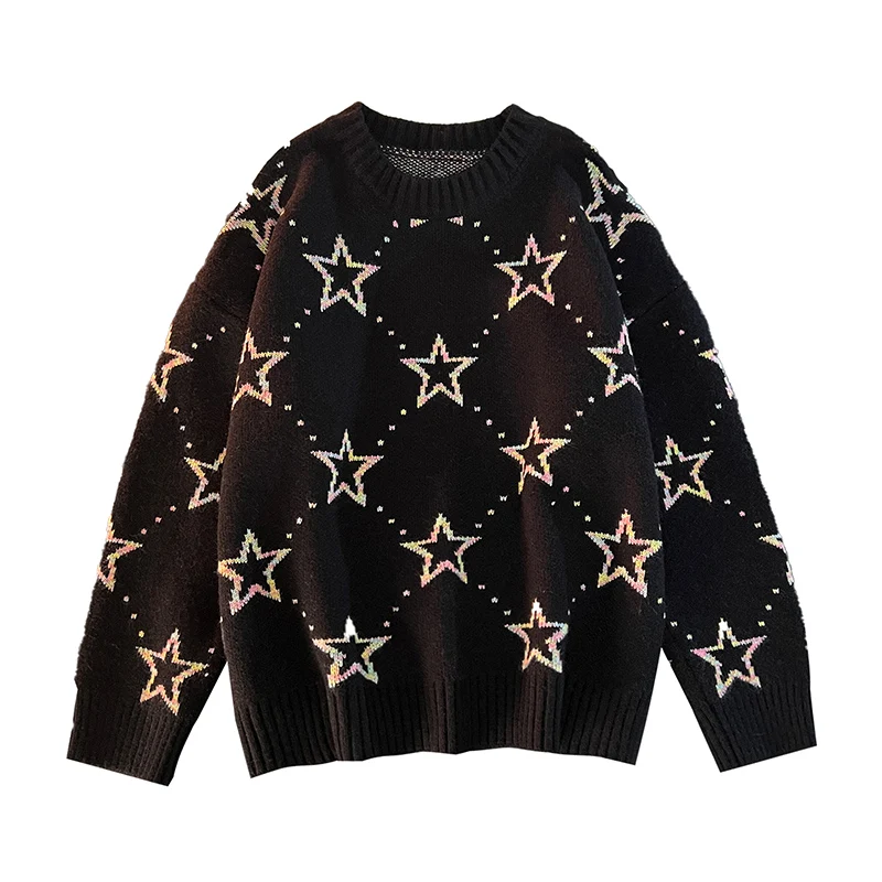 

MOYISU Autumn Winter New Loose Knitted Sweater Vintage Pullover Round Neck Geometric Stars Jacquard Casual Warm Sweater Jumper