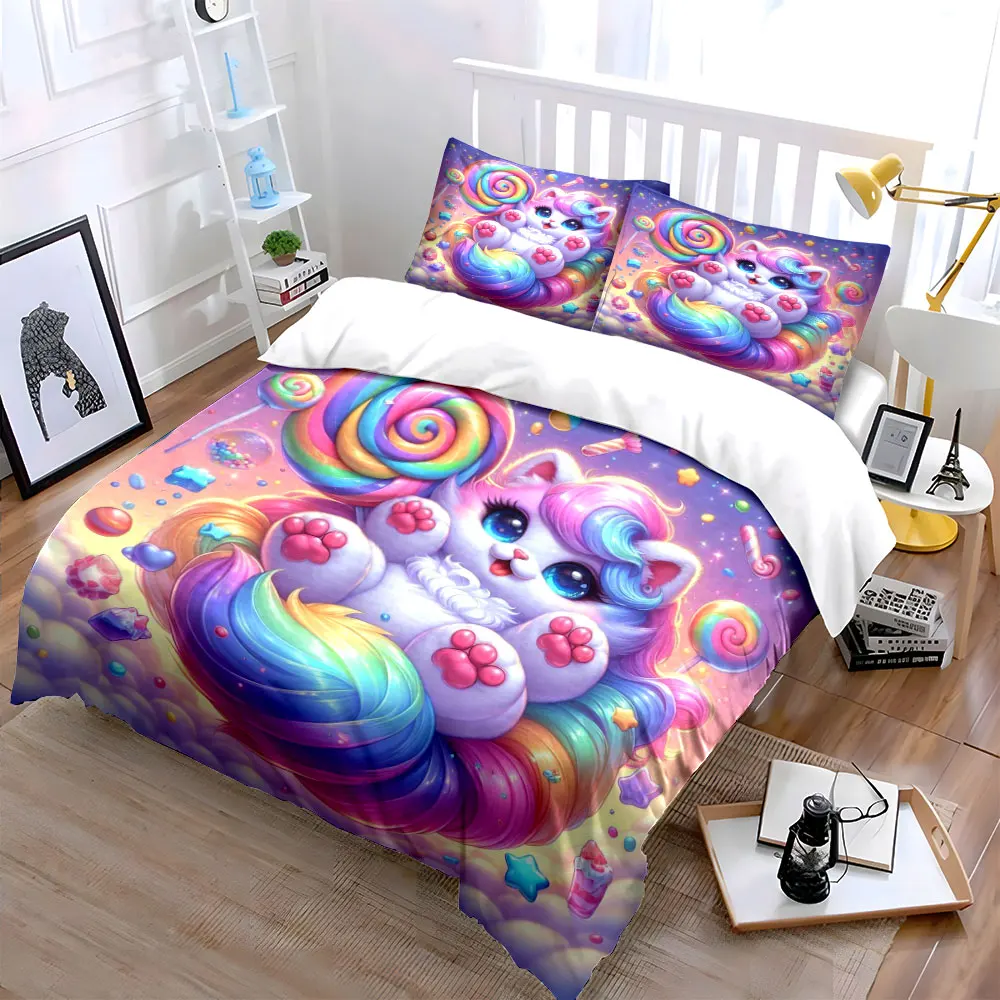 Rainbow cat with sweet candy Printed Duvet Cover Set1 Duvet Cover+2 PillowcaseMulti Size Bedroom Bedding Decor Luxury gifts