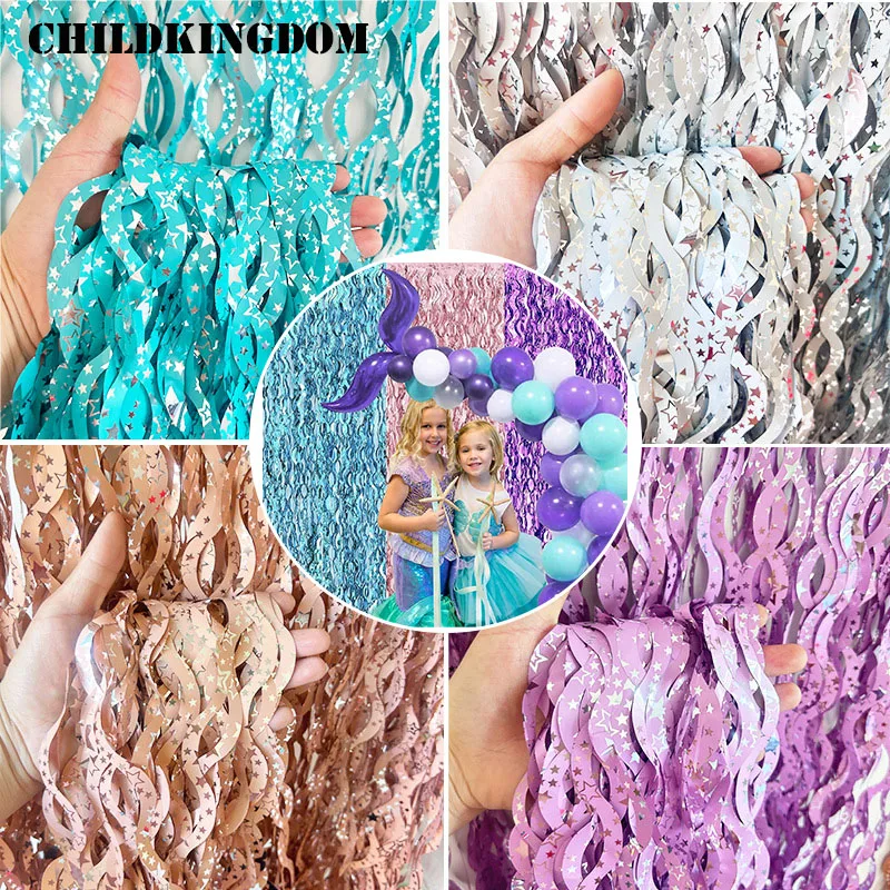 2X1M Wavy Tinsel Foil Fringe Backdrop Curtains for Wedding Xmas Mermaid Birthday Party Backdrops Background Photo Booth Props