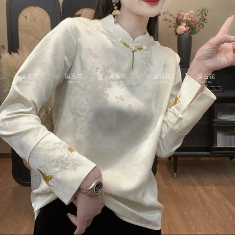 Nowy chiński styl 2025 Nowa jesienna koszula z długim rękawem w stylu retro, narodowym, żakardowa, ze stójką, uniwersalna
