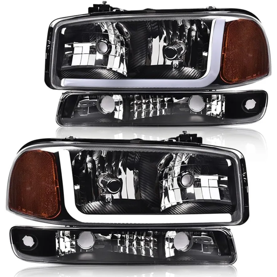 

LED DRL Headlights Assembly Compatible with 1999-2007 GMC Sierra 1500 and 2001-2007 GMC Sierra 1500 HD Bumper Headlamps with Cl
