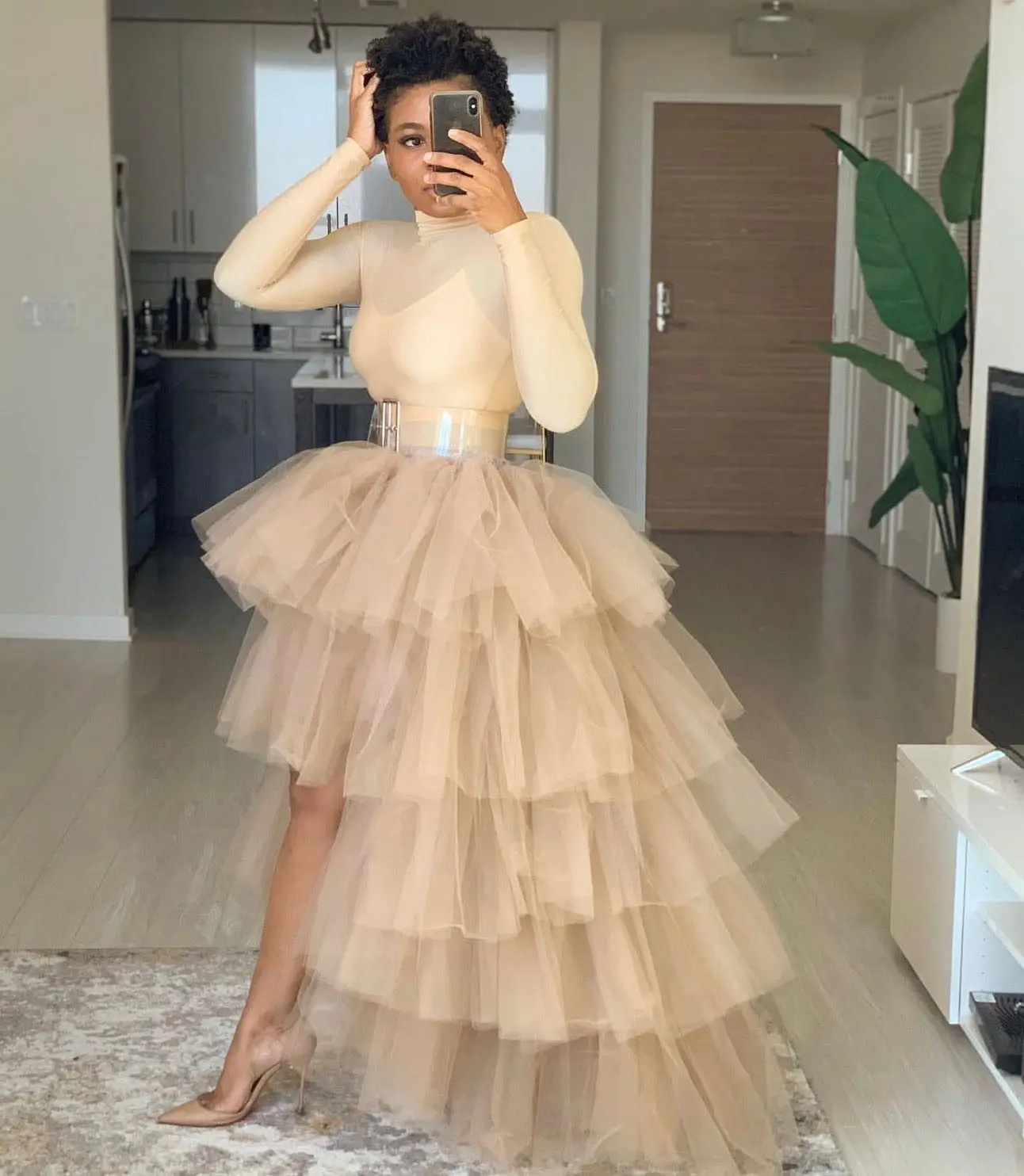 BABYONLINE Women Tiered Tulle High Low Skirts Elastic Waist Petticoat Puffy Long Tulle Skirt Female Maxi Skirt Free Size