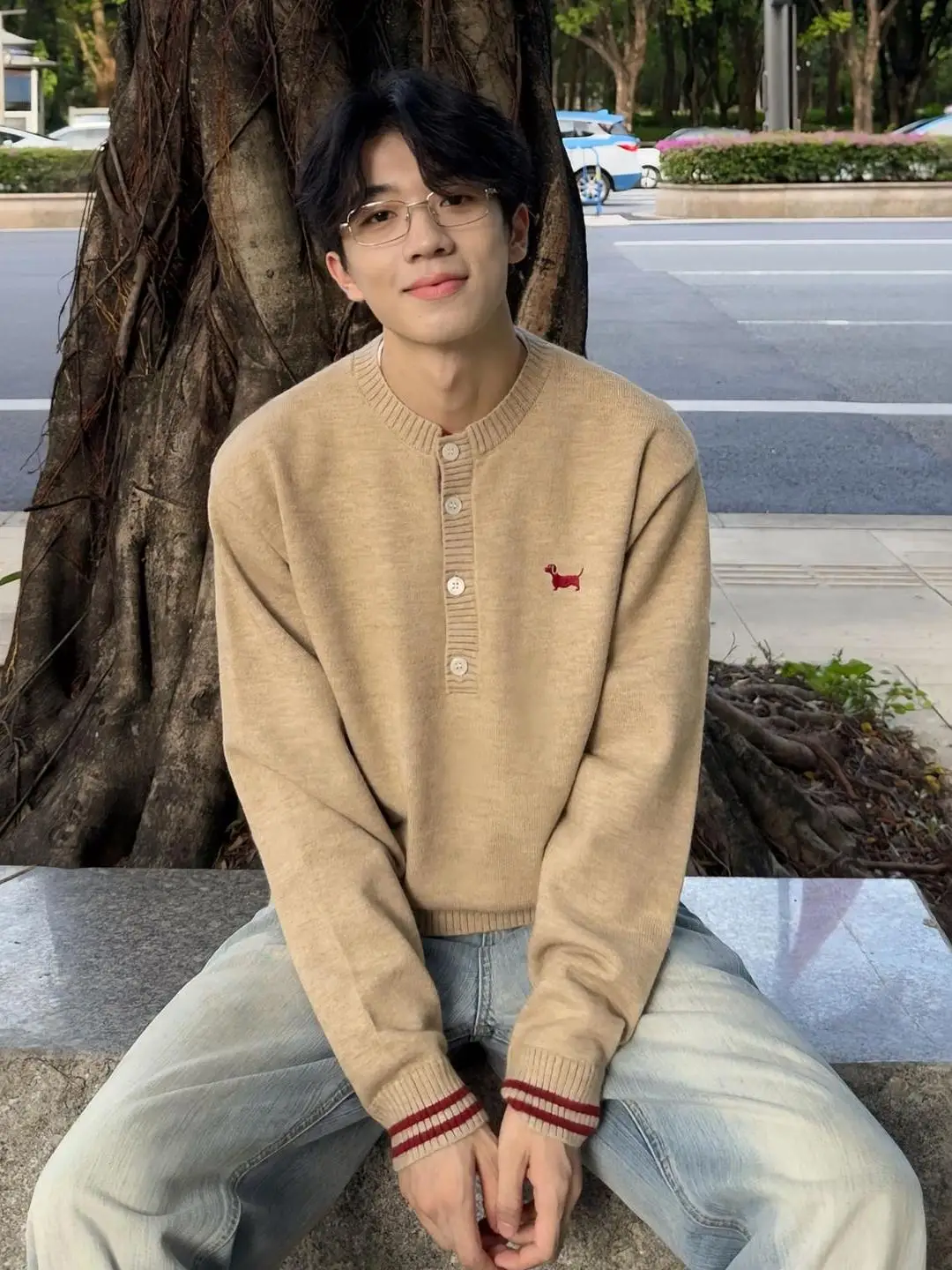 

Khaki Dog Embroidery Henry Collar Men's American Preppy Sle oulder Stripe Color Blo Brown Knitted Sweater Winter Sport