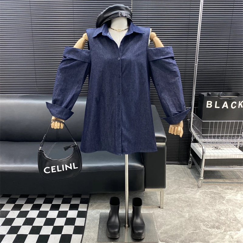 

2022 New fashion Designer new style Famous brand strapless Soft denim shirt casual turndown collar Loose versatile Blouse