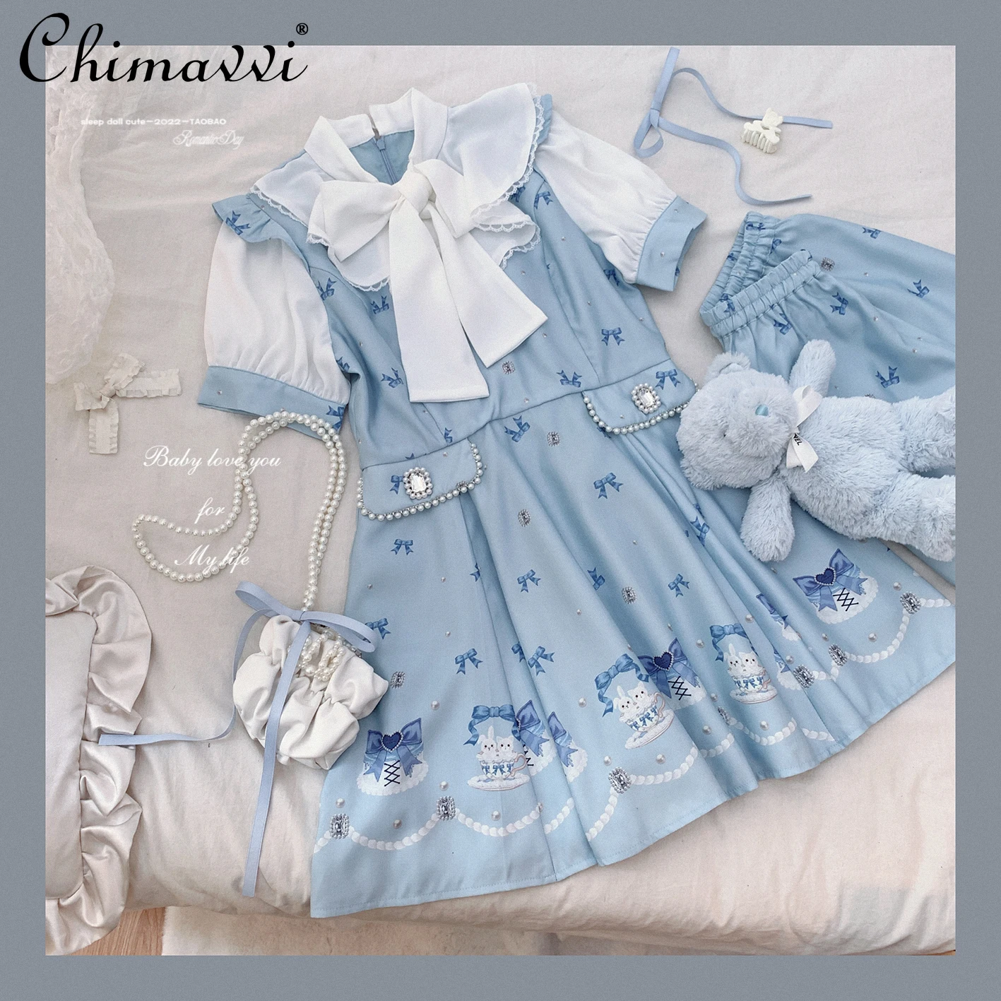 

Japanese Style Mine Bow Print Dress Sets Summer New Cute Retro Short Sleeve Slim Fit Dress Shorts Girl Two-Piece Women's Outfits