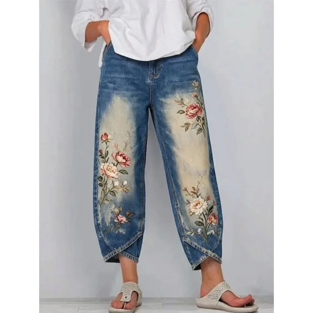 Vintage Blumenmuster Cropped Harem Caprihose Damen Baumwolle Locker Sitzende Tulpen-Wickelhose Knöchellange Freizeithose Sommer Streetwear – Detail 3