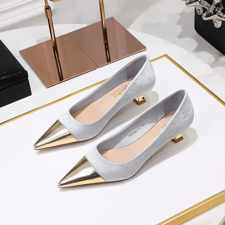 New Chinese Style Women's With Low Pattern Silk Metal Splicing Pointed Spring And Autumn Single Shoes Women Pumps туфли женские