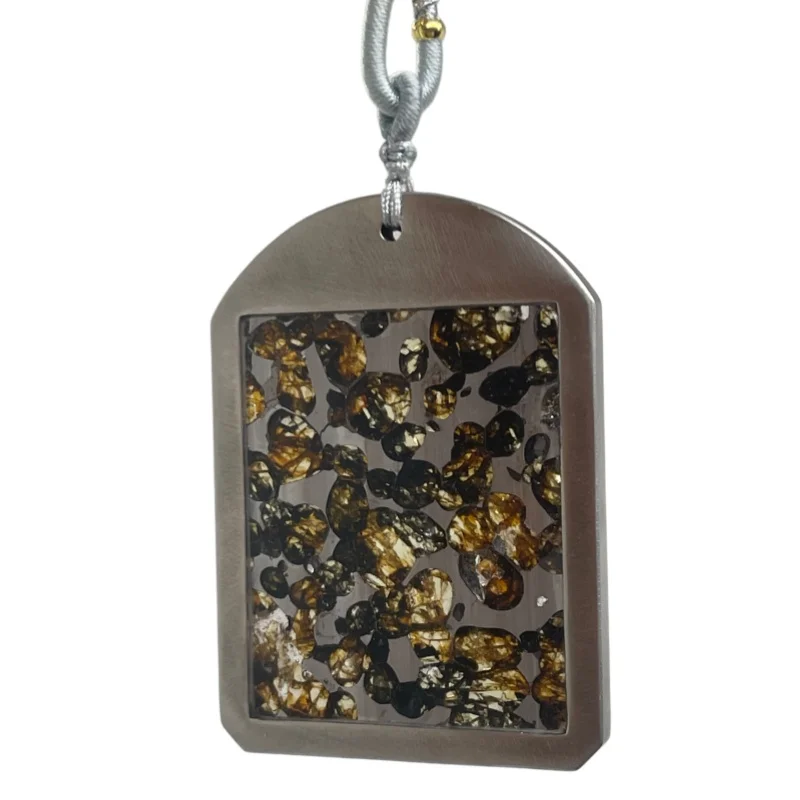 Authentic Seymchan Meteorite Pendant Golden Olivine Inclusions Stainless Steel Frame LK387