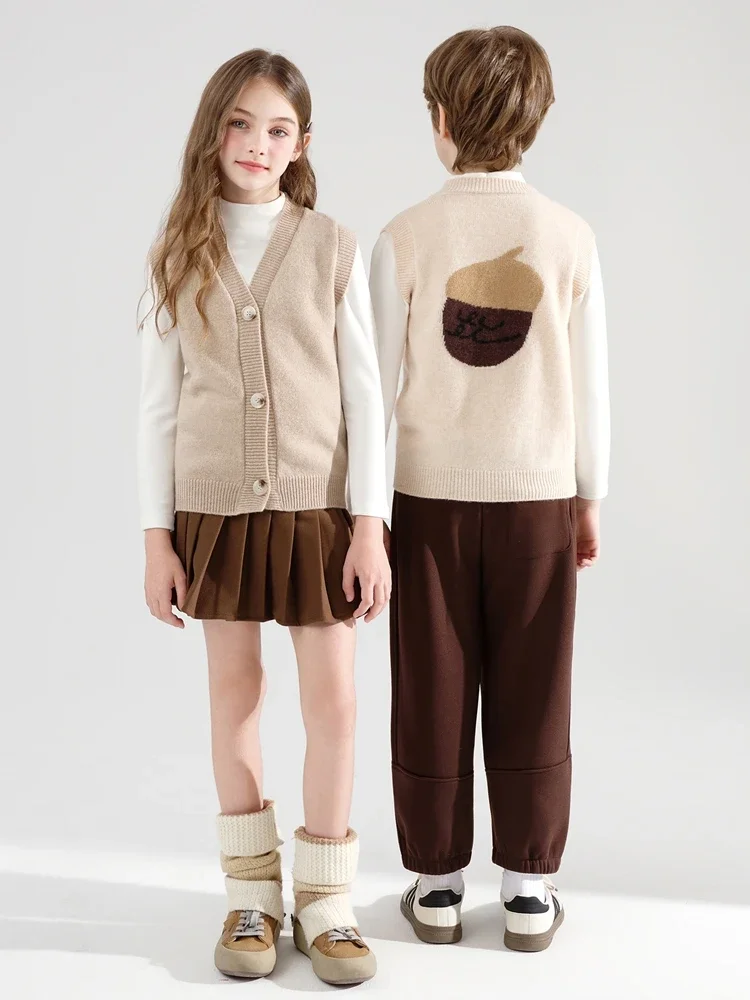 Classic Children Vest 100% Merino Wool Sweater Vest Autumn Winter Cardigan Kids Sleeveless Waistcoat Lightweight Cartoon Cute
