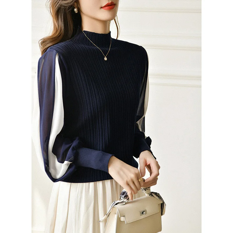 

Korean Sle Casual Knitted Camere Long Sve Base irt Women's Autumn Winter Outerwear Me Splicing f High Collar