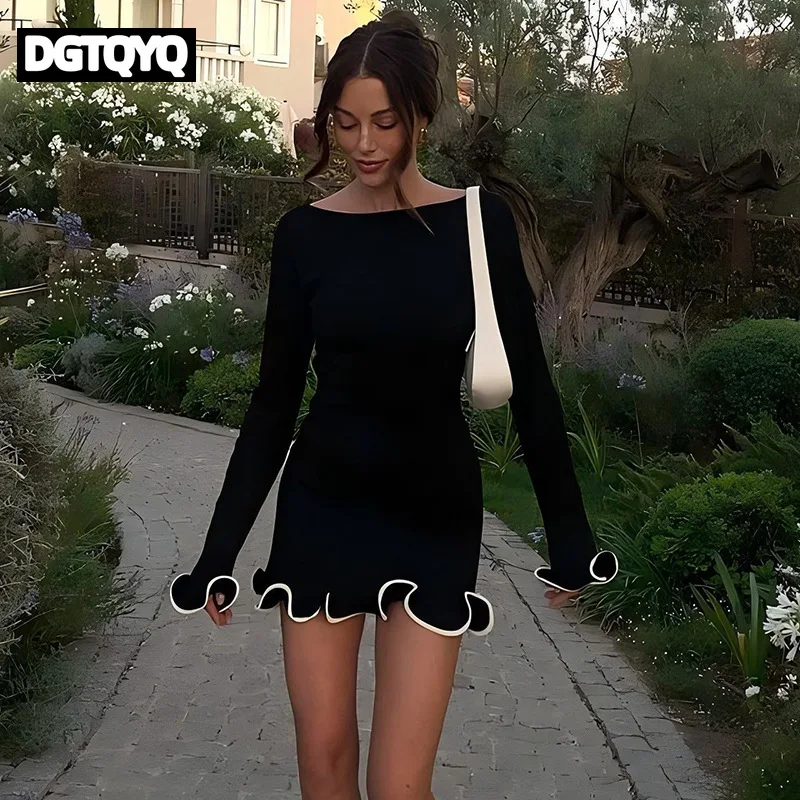 Sexy Pleated Ruffled Mini Dress Women Fashion Solid Puffed Long Sleeves Round Neck Loose Dresses 2026 Lady Evening Party Vestido