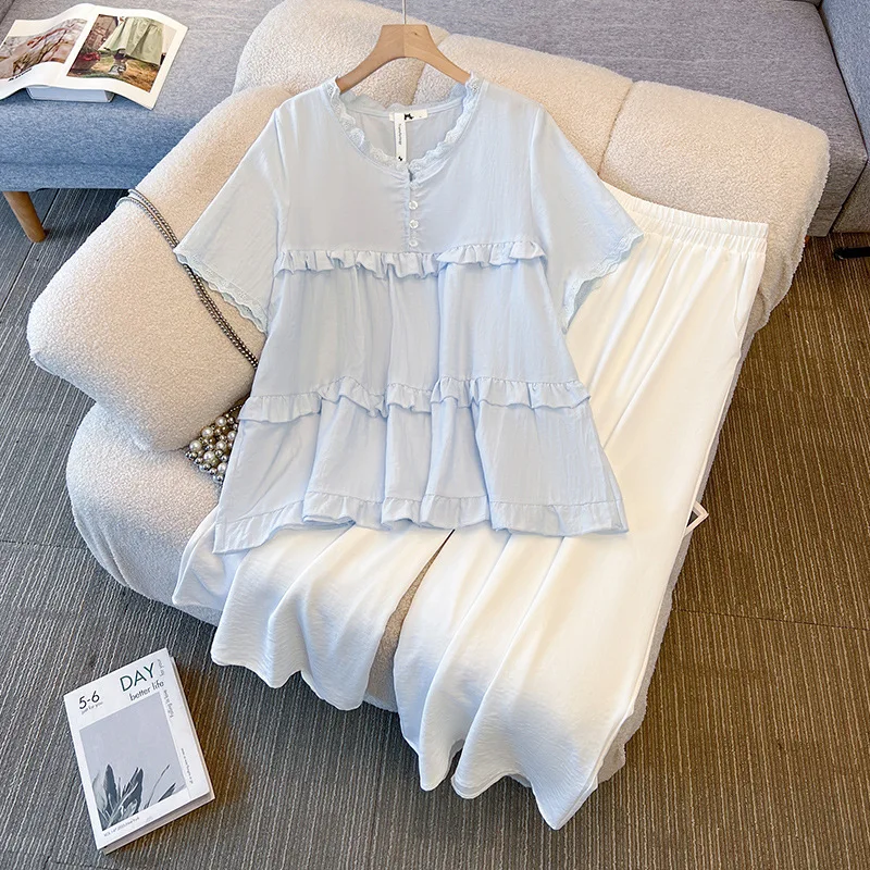 

150Kg Plus Size Women's Bust 152 Summer Short Sleeved Lace Shirt White Pants Two-Piece Set 5XL 6XL 7XL 8XL 9XL