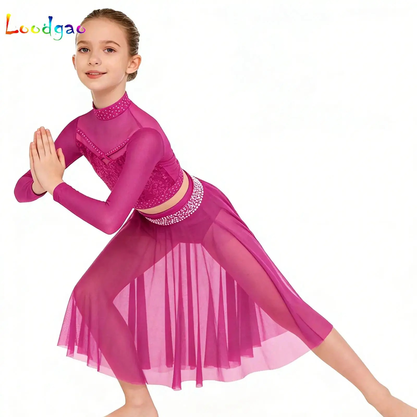 

Kids Girls Contemporary Lyrical Dance Outfit Long Sleeve Rhinestones Crop Top+High-Low Sheer Mesh Skirt Ballet Dancewear Set