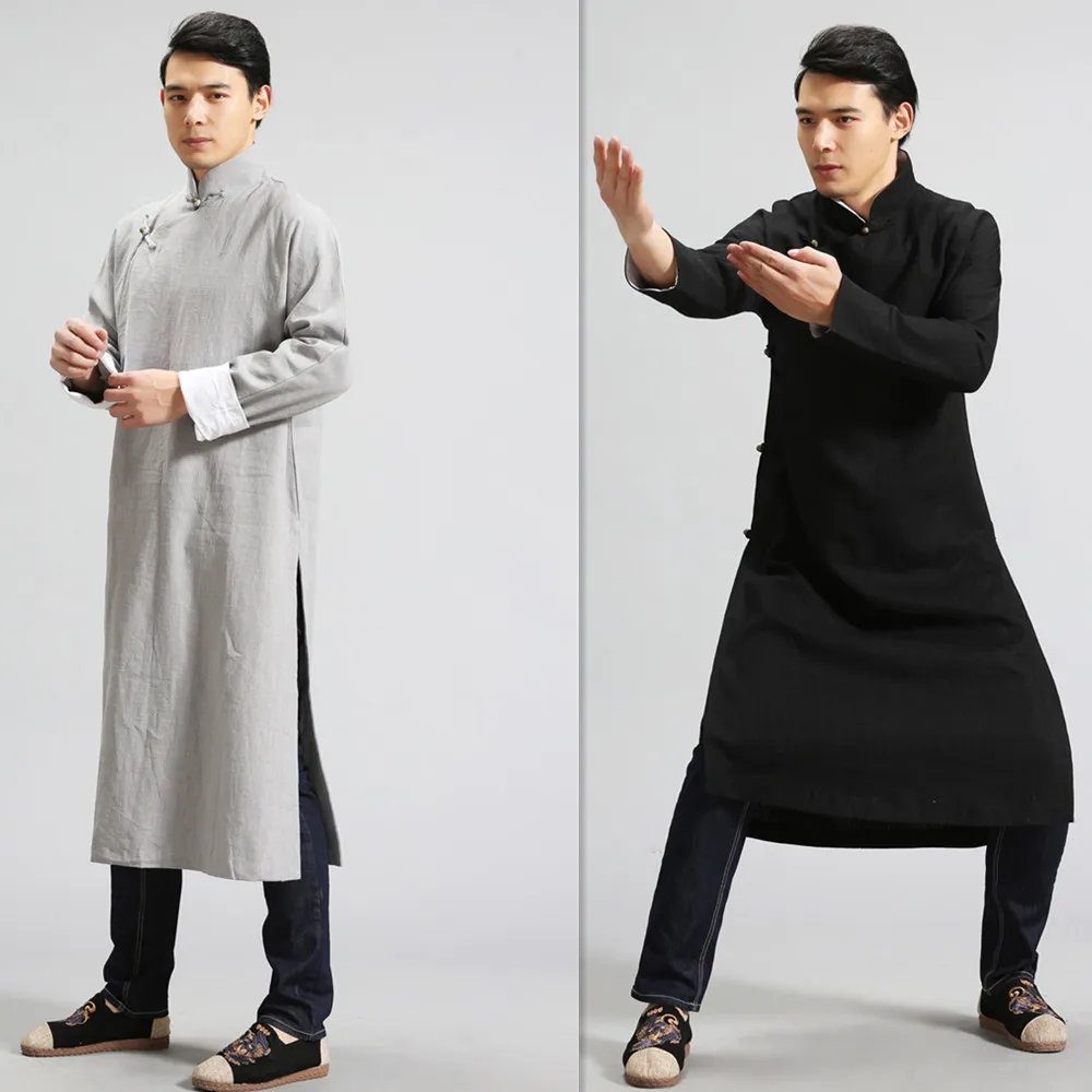 Pria Jaket Linen Hitam Mantel Panjang Pria Hanfu Jubah Cina Streetwear Tang Tipis Setelan Seragam KungFu Jas Tai Chi Jubah Kuningan Gesper