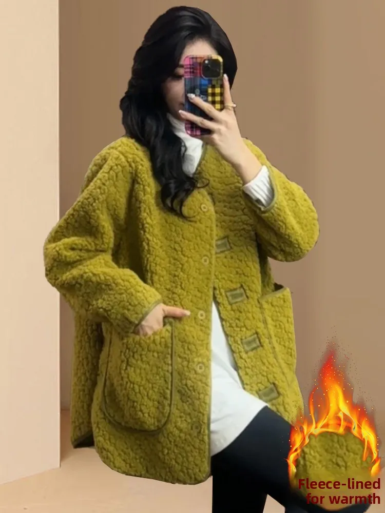 الكورية Sle ort لامب الفراء Jaet المرأة شتاء جديد Faion عادية Thiened الدافئة أعلى جولة Ne زر إغلاق طويل Sve