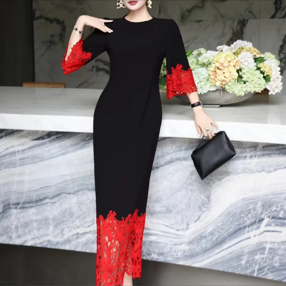 فساتين سهرة أنيقة برقبة دائرية وأكمام 3/4 فستان طويل مثير للمشاهير رائع عالي الجودة للحفلات الراقصة للنساء حسب الطلب