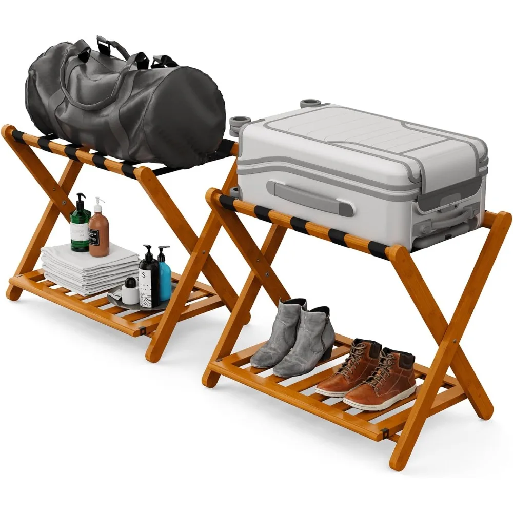 

2 Packs Fully Assembled Honey Oak Luggage Rack, 5 Nylon Straps Folding Suitcase Stand, for Bedroom, Guest Room&Hotel