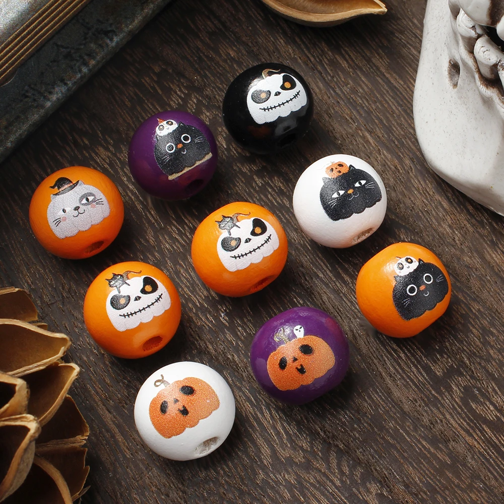 Iyoe 10Pcs 16Mm Halloween Atmosphere Print Spaventoso Bat Skull Black Cat Pumpkin Mask Perline Di Legno Per Fare La Collana Del Braccialetto-image