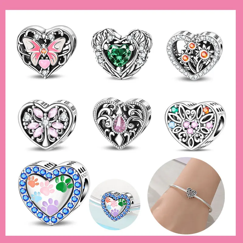 Charms 925 Sterling Silver Original Cat Claw Footprint Butterfly Heart Beads Suitable Bracelet DIY Women's Jewelry Making