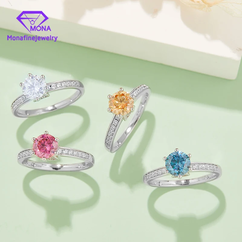 Wholesale Fine 925 Silver plated white gold Ring 1 Ct Various Color Selection VVS Lad Moissanite Diamond Ring For Women Jewelry