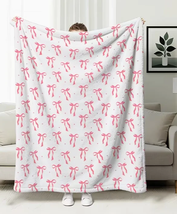 Flannel Pink Bow Soft Cozy Plush Blanket Christmas Tree Winter Warm Fleece Throw for Couch Bed Fluffy Comfortable Decorative