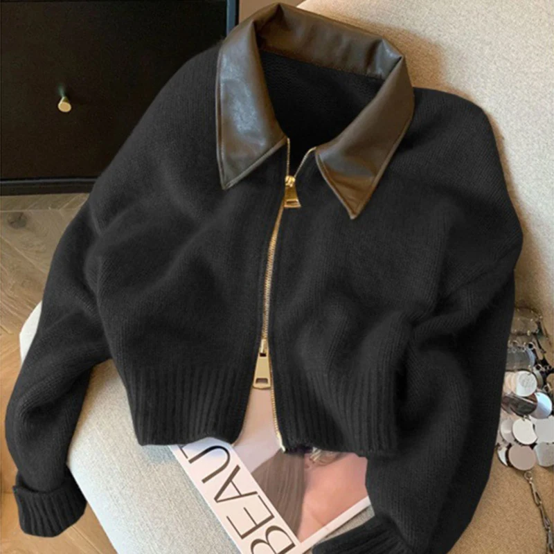 Epligg Spliced Leather Collar Knit Sweater Fashion Double Zipper Cardigan Women\'s Autumn/Winter Soft Vintage New Long Sleeve