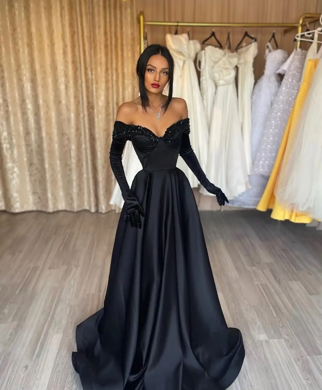 

Customized Graceful Satin A-Line Off the Shoulder Sequined Evening Dresses Strapless Long Sleeves Panel Train Party Dr