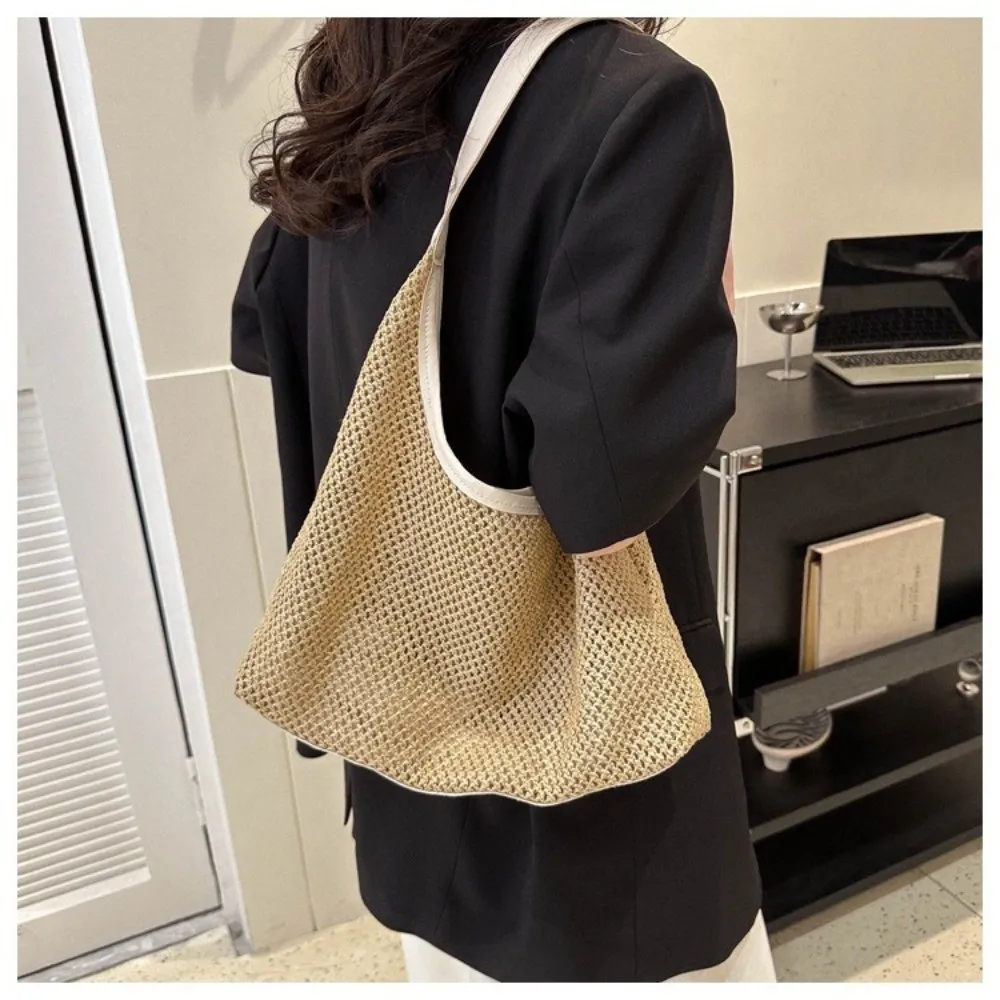 Hand-Held Woven Bag Stylish Fashionable One Shoulder Tote Bag Large Capacity Vintage Woven Beach Straw Bag Commuting Use