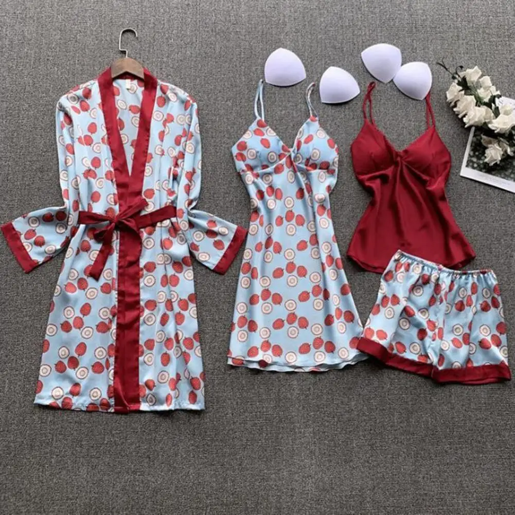 Women Satin Pajama Set Elegant Silky Satin Women\'s Pajamas Set with Lace-up Waist Printed Top 4 Piece Nightwear for Comfortable