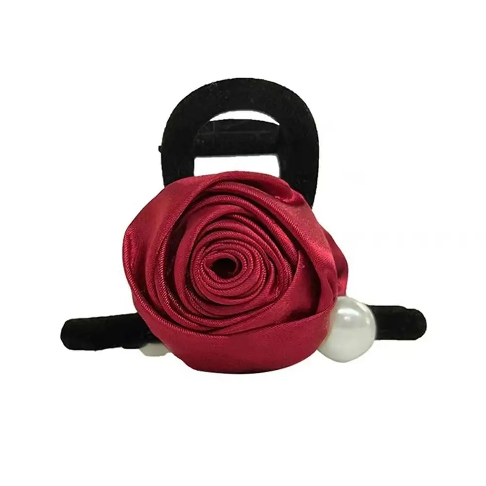 Creative Pearl Velvet Bow Hair Claw Flower Grab Clip Red Rose Hair Clip Korean Style Hair Rope Velvet Headband Streetwear