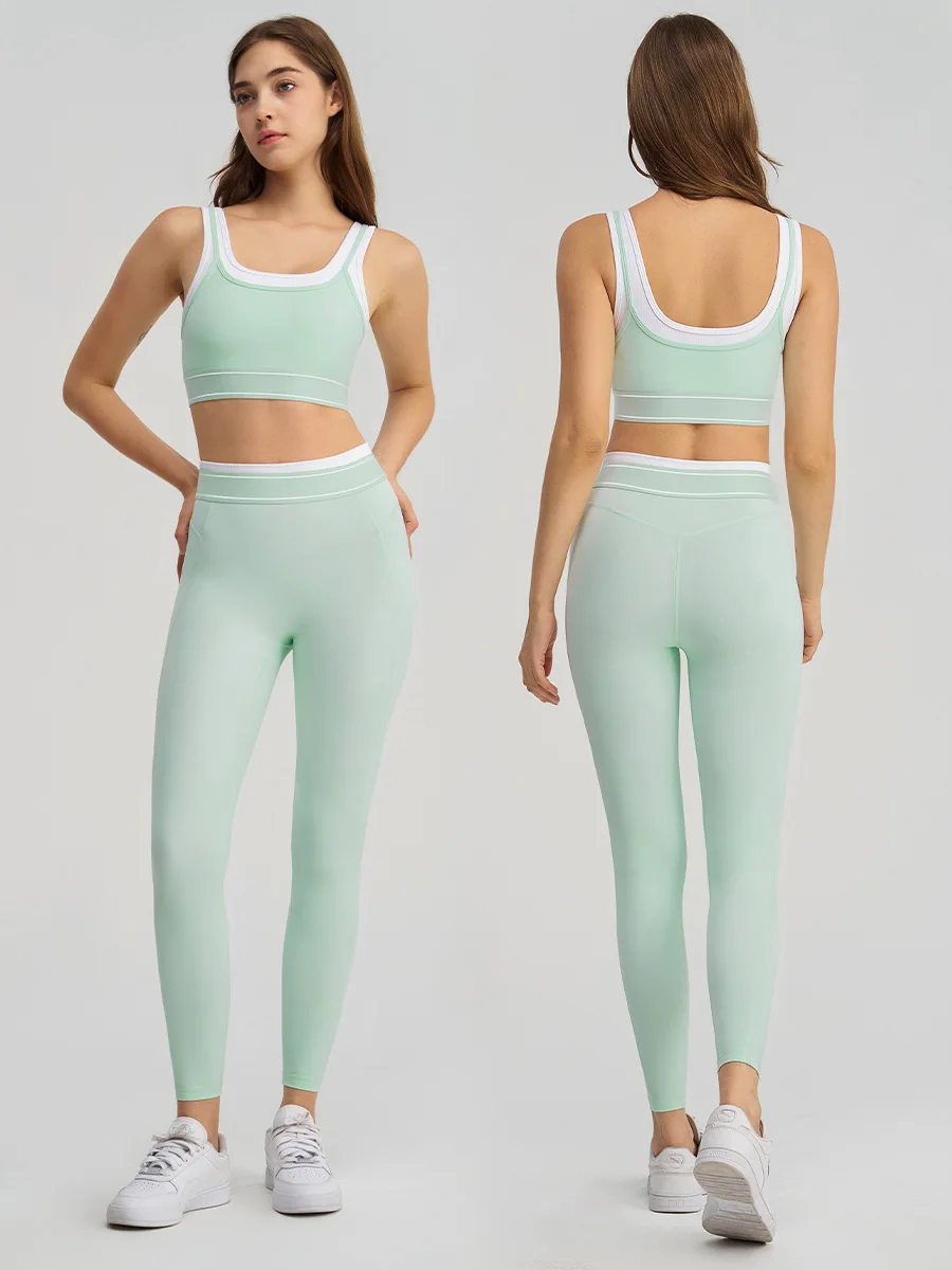 

Женские леггинсы с цветными блоками, подтягивающие бедра, искусственный двухсекционный цветной жилет, бюстгальтер, костюм для бега, фитнеса, йоги