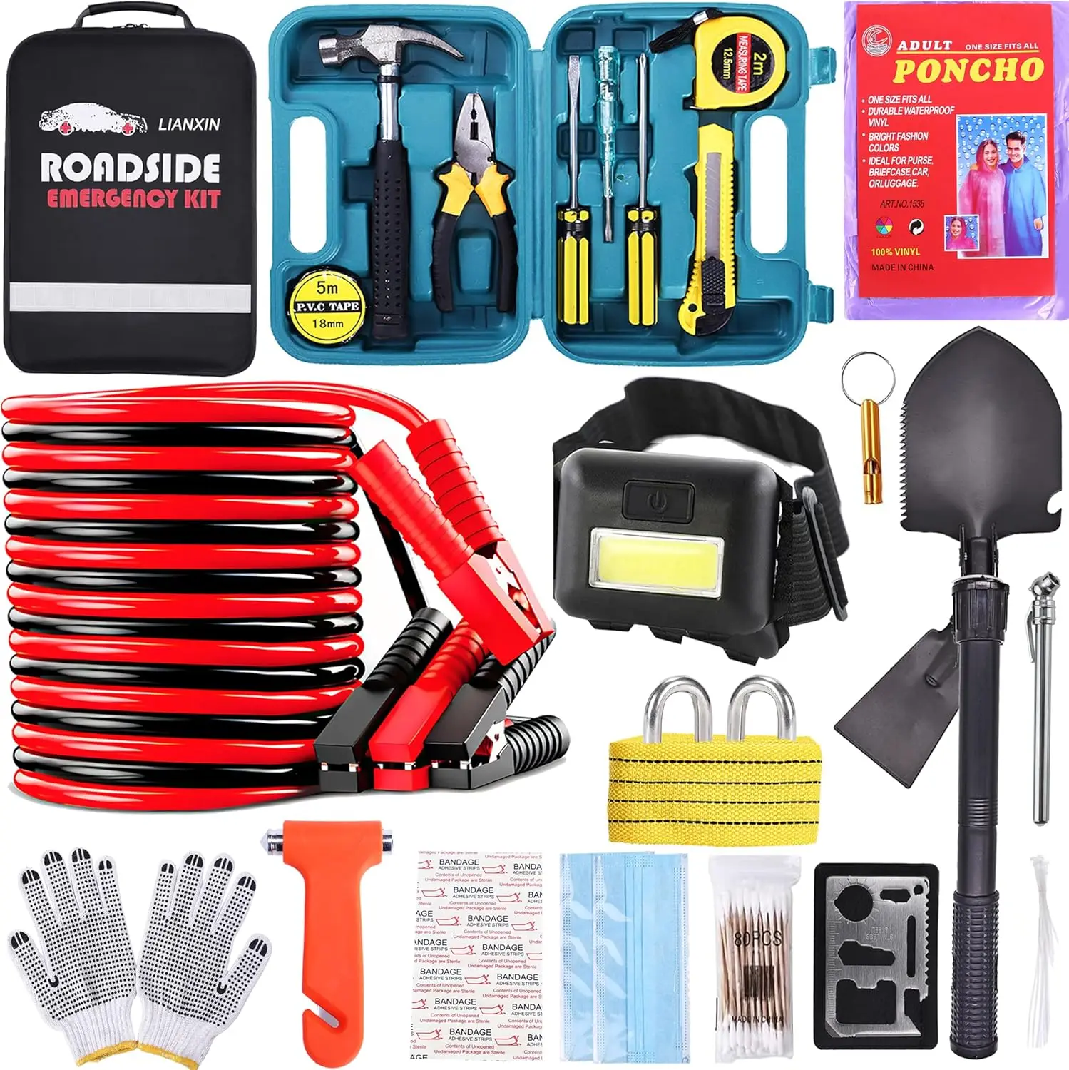 Emergency Car Roadside Kit with Jumper Cables, Headlamp, Shovel, Safety Hammer & Tow Rope