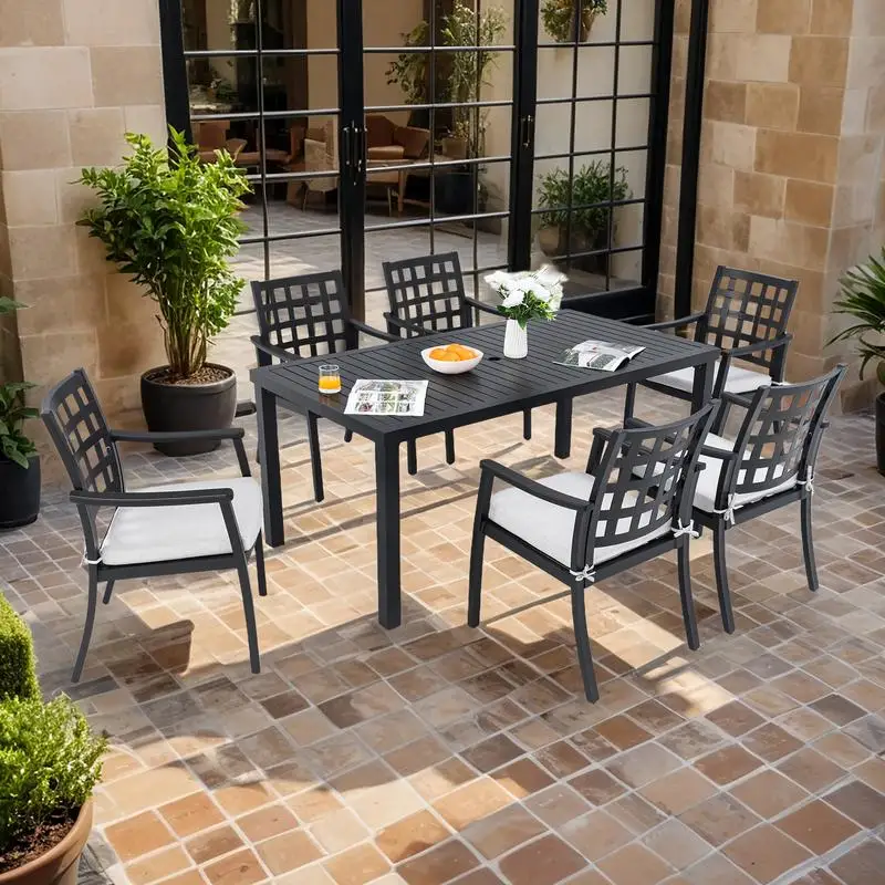 7-Piece Outdoor Patio Dining Set, Rectangular Table & 6 Stationary Chairs, Rust-Free Cast Aluminum, Textured Black Finish,