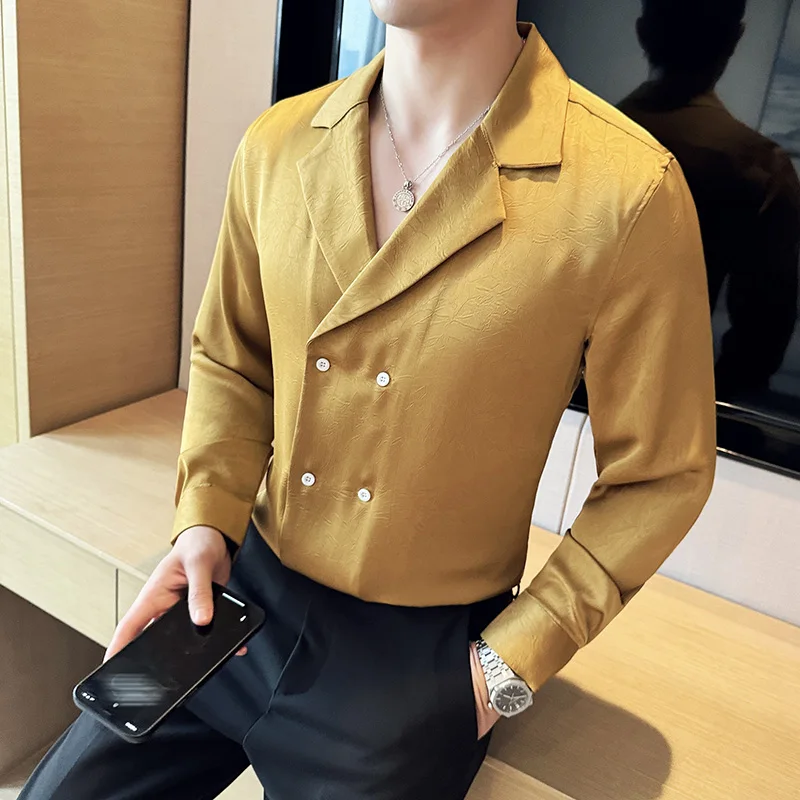 

Осень-весна британская мужская рубашка с тиснением из атласа двубортный кубинский воротник мужские классические рубашки для выпускного вечера блузка с длинным рукавом мужская